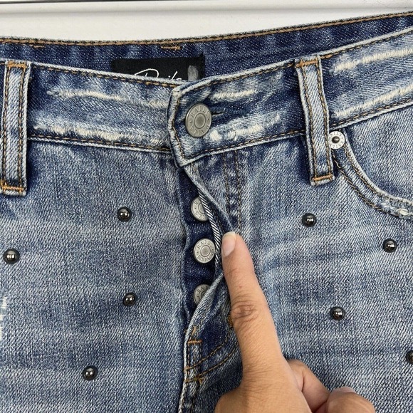Rails Denim Mini Skirt Size 24 Wynonna Studded Distressed Button Fly Raw Hem - Picture 6 of 10